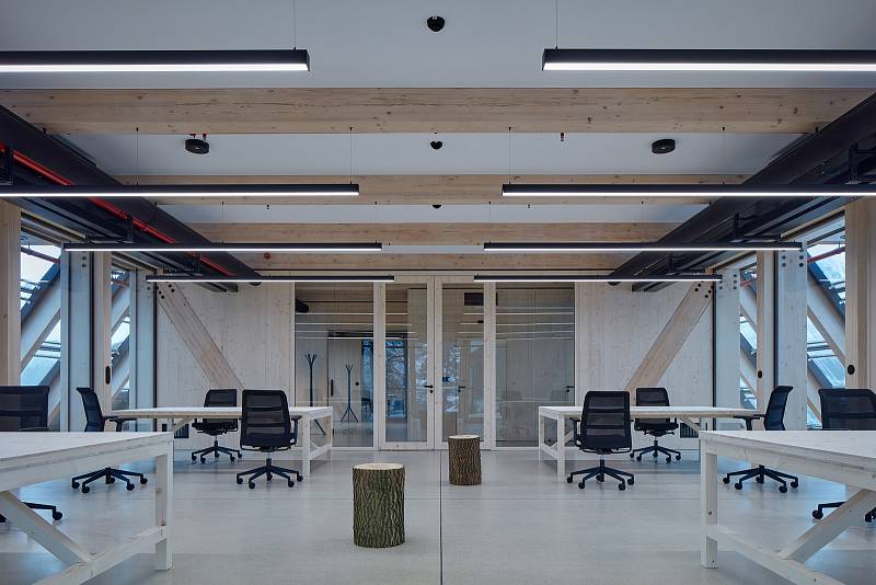 Nosné prvky BSH z lepených smrkových profilů jsou v interiéru kombinovány se skleněnými plochami oken, dřevěným obkladem a dřevoskleněnými akustickými příčkami.
