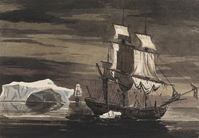 Lodě kapitána Jamese Cooka Resolution a Adventure připlouvají do oblasti ledu dne 4. ledna 1773