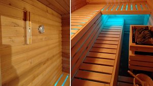 Nová sauna Lukáše Lexmaula z Drahanovic má i efektní podsvícení a teploměr s hodinami.