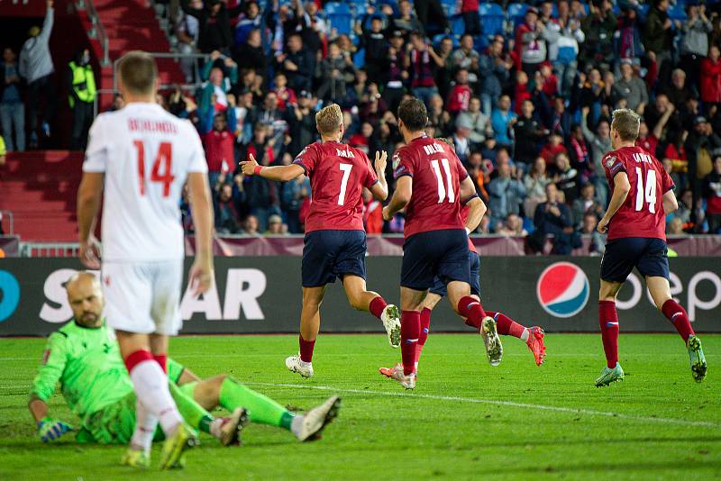 Utkání skupiny E kvalifikace mistrovství světa ve fotbale: Česko - Bělorusko, 2. září 2021 V Ostravě. (střed) Antonín Barák z ČR se raduje z gólu.