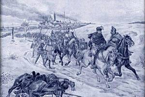 Útěk Zikmundových křižáků od Kutné Hory, kterou zapálili, směrem k Německému Brodu, na obraze Huga Schüllingera z 19. století