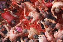 Účastníci bojují rajčaty při každoročním festivalu Tomatina ve španělské vesnici Buňol poblíž Valencie.