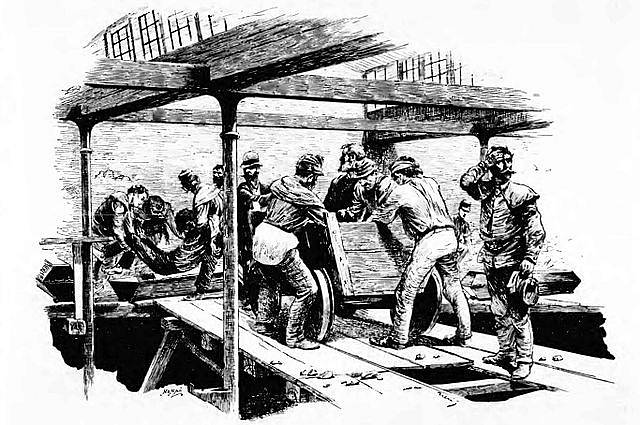 Vynášení těl mrtvých horníků z dolu Marie po katastrofálním požáru, k němuž došlo 31. května 1892, kresba Josefa Ulricha podle fotografie neznámého autora