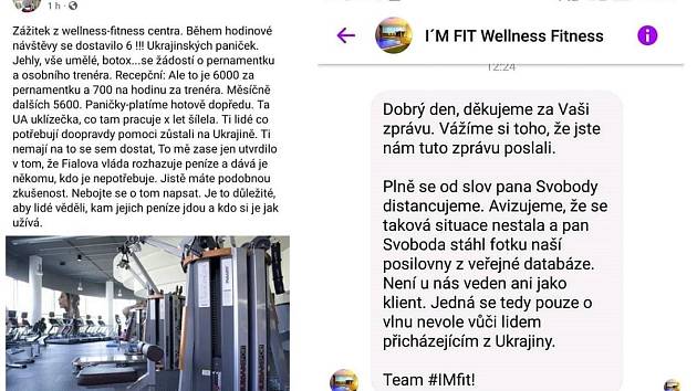 Příspěvek internetového uživatele podepisujícího se jako Aleš Svoboda popisoval vylhanou historku z fitness centra. To se od ní distancovalo