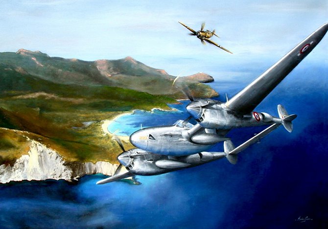 Poslední mise, obraz Florence Ramioulové zachycující útok německého stíhače na letoun Lockheed P-38 Lightning, pilotovaný Antoinem Saint-Exupérym