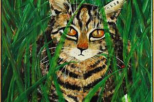 Obraz kočky Mourinky je namalován na plátně technikou olejem.
