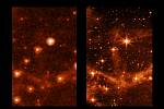 Srovnání jasnosti a ostrosti snímků ze Spitzerova (vlevo) a Webbova vesmírného dalekohledu, koláž