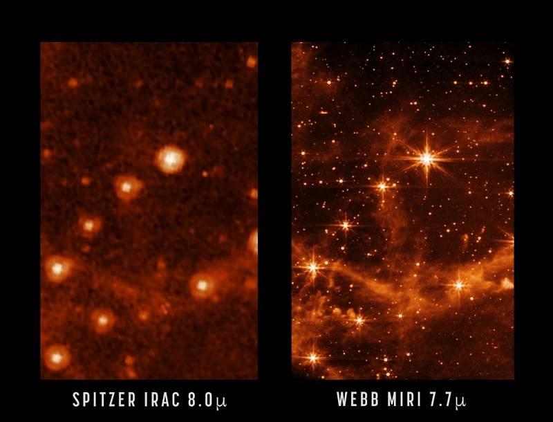 Srovnání jasnosti a ostrosti snímků ze Spitzerova (vlevo) a Webbova vesmírného dalekohledu, koláž