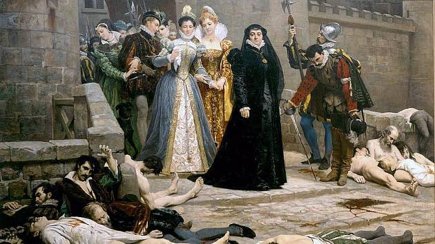 Kateřina Medicejská hledí na mrtvá těla hugenotů, povražděných o Bartolomějské noci, obraz Édouarda Debat-Ponsana
