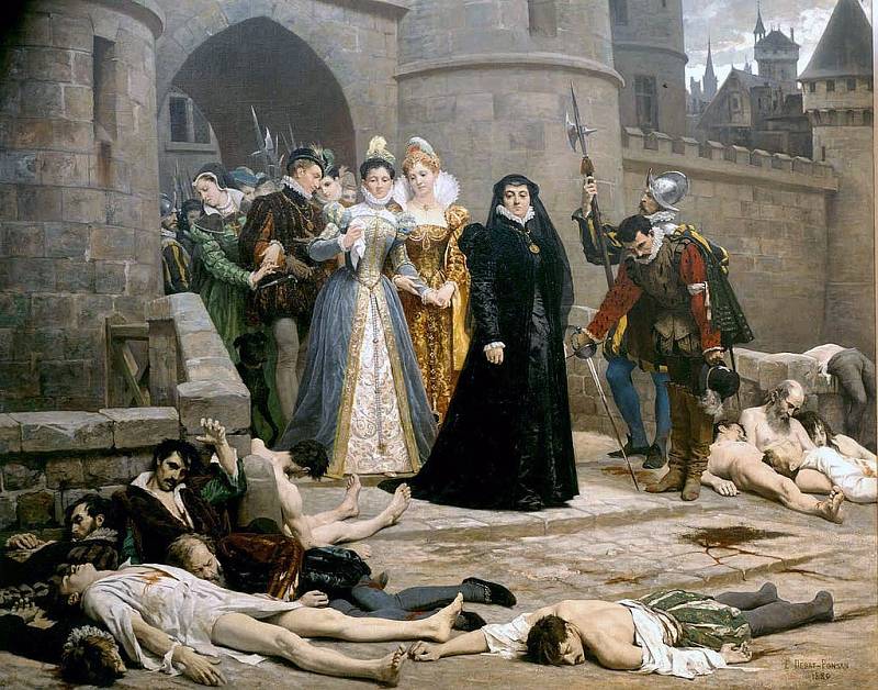 Kateřina Medicejská hledí na protestanty, povražděné při masakru o Bartolomějské noci, obraz Édouarda Debat-Ponsana