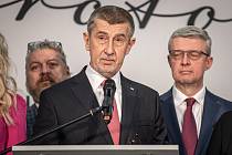 Prezidentský kandidát a postupující do druhého kola Andrej Babiš vystoupil na tiskové konferenci po prvním kolo prezidentských voleb, 14. ledna 2023, Praha.