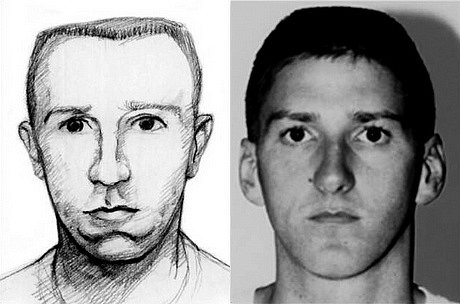 Identifikační kresba FBI zachycující pachatele bombového útoku na Federální budovu v konfrontaci s fotografií skutečného útočníka Timothyho McVeigha