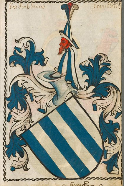 Erb pánů ze Seinsheimu v roce 1450. Původní erb pánů ze Seinsheimu byl osmkrát stříbrně a modře pruhovaný štít. Rodové barvy stříbrnou (bílou) a modrou můžeme najít např. na čalounění nebo závěsech na zámcích Český Krumlov a Hluboká.