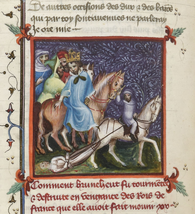 Mučení královny Brunhildy na středověké miniatuře