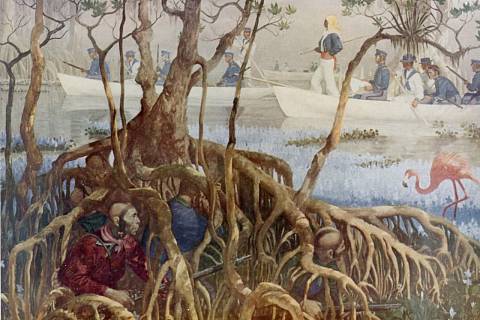 Hlídka americké námořní pěchoty pátrá v evergladeských bažinách po ukrytých Seminolech během druhé seminolské války