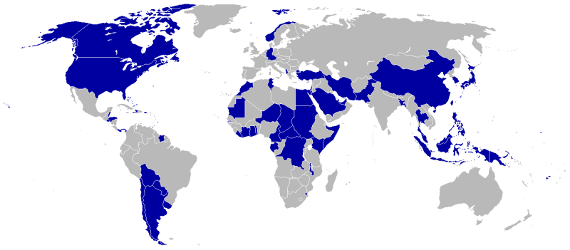 Mapa světa z roku 1980 s modře vyznačenými zeměmi, jež se rozhodly zúčastnit bojkotu olympijských her v Moskvě