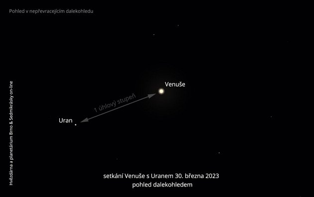 Konjunkce Uranu a Venuše, která nastane ve čtvrtek 30. března 2023.