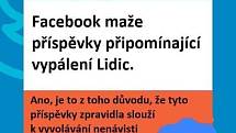 Nepravdivá koláž, která napodobovala styl webu Demagog.cz a lhala o mazání zmínek o Lidicích na Facebooku. Demagog.cz ve skutečnosti takto nereagoval a Facebook žádné zmínky o Lidicích nemazal