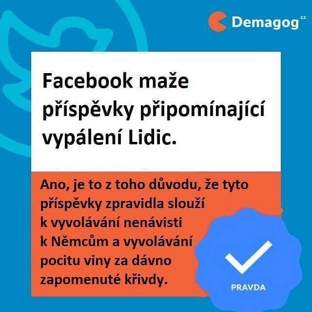 Nepravdivá koláž, která napodobovala styl webu Demagog.cz a lhala o mazání zmínek o Lidicích na Facebooku. Demagog.cz ve skutečnosti takto nereagoval a Facebook žádné zmínky o Lidicích nemazal