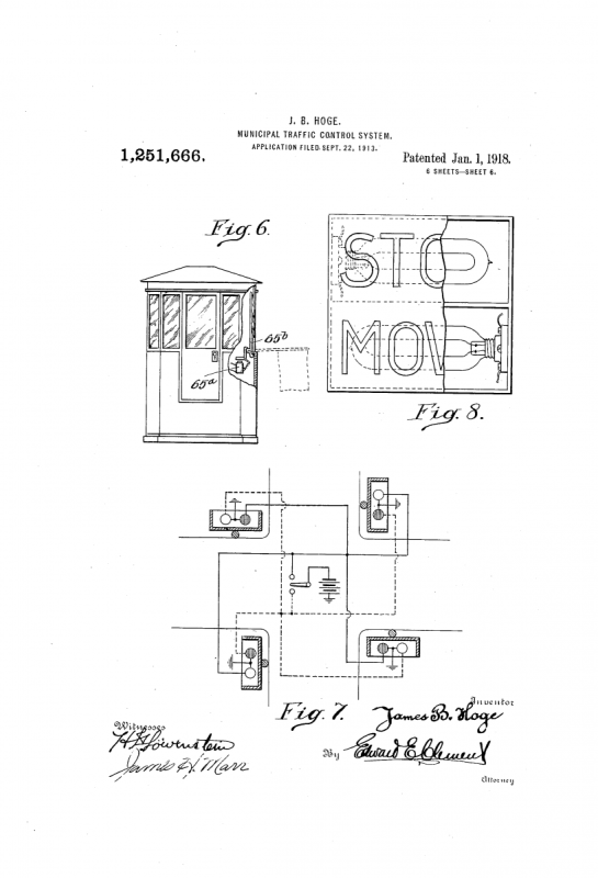 Nákres prvních semaforů z patentu Jamese B Hoge