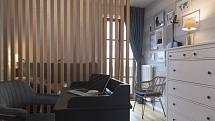 Pracovní prostor je opticky oddělený příčkou ze dřevěných sloupků / hranolů, která je analogií kovového zábradlí na schodišti.