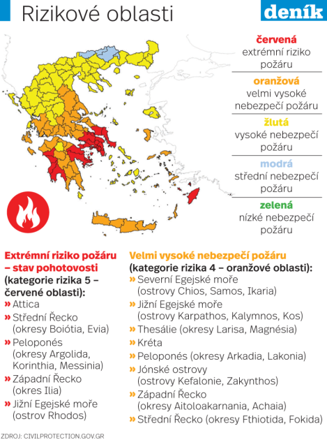 Požáry v Řecku: rizikové oblasti k 25. červenci.
