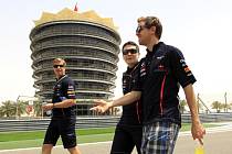 Sebastien Vettel v diskusi s mechaniky na Velké ceně Bahrajnu.