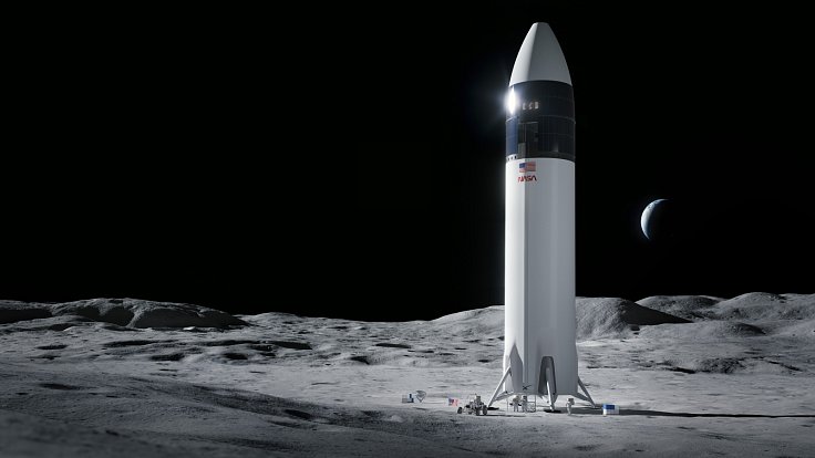 Vizualizace přistávacího modulu Starship od společnosti SpaceX. Právě tento modul má na povrch Měsíce dostat dva americké astronauty v rámci programu Artemis americké NASA