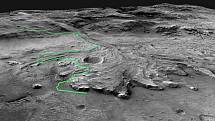 Zobrazení možné cesty, kterou by mělo vozítko Mars 2020 Perseverance urazit napříč kráterem Jezero