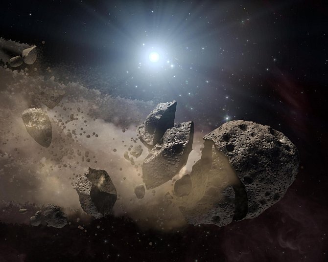 Zpodobnění asteroidu a prachu mrtvé hvězdy. Ilustrační snímek