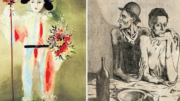 PICASSOVO TÉMA. Vlevo: Dítě – Harlekýn, barevný tisk, 1926, Sbírky Pražského hradu. Vpravo: Střídmý pokrm, lept 1904, NG. 