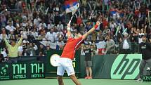 Novak Djoković se raduje z vítězství nad Tomášem Berdychem ve finále Davis Cupu.