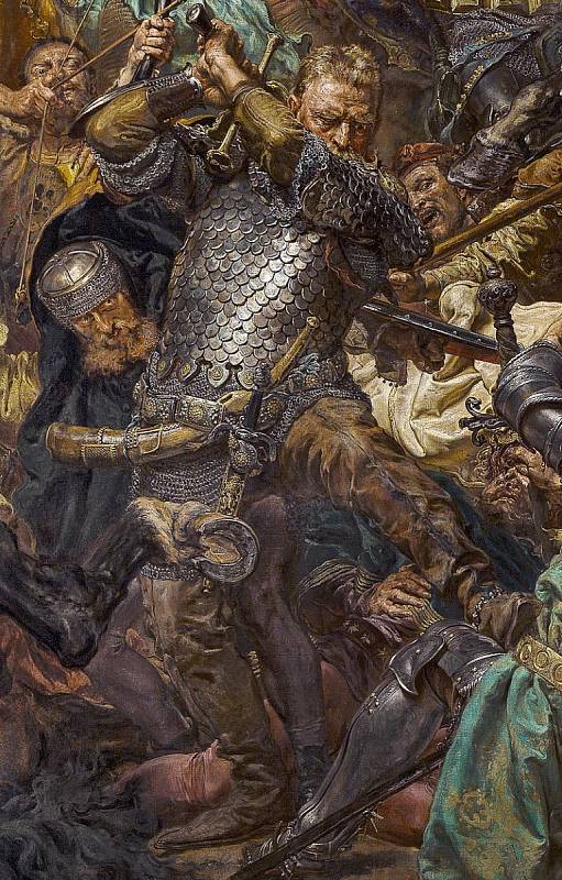 Obraz Bitwa pod Grunwaldem od Jana Matejka, detail zachycující údajně Jana Žižku. Je však otázka, zda do bitvy u Grunwaldu pozdější slavný český vojevůdce skutečně zasáhl
