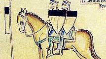 Templářští rytíři na středověké iluminaci Matěje Pařížského, dva jezdci sdílející jednoho koně podle pečeti řádu
