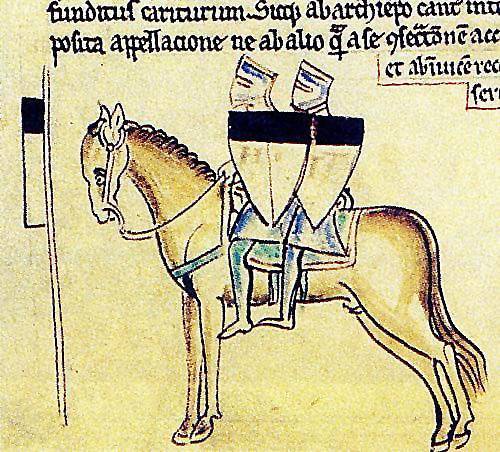 Templářští rytíři na středověké iluminaci Matěje Pařížského, dva jezdci sdílející jednoho koně podle pečeti řádu