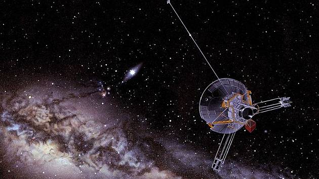 Umělecké zobrazení cesty sondy Pioneer 10 vesmírem