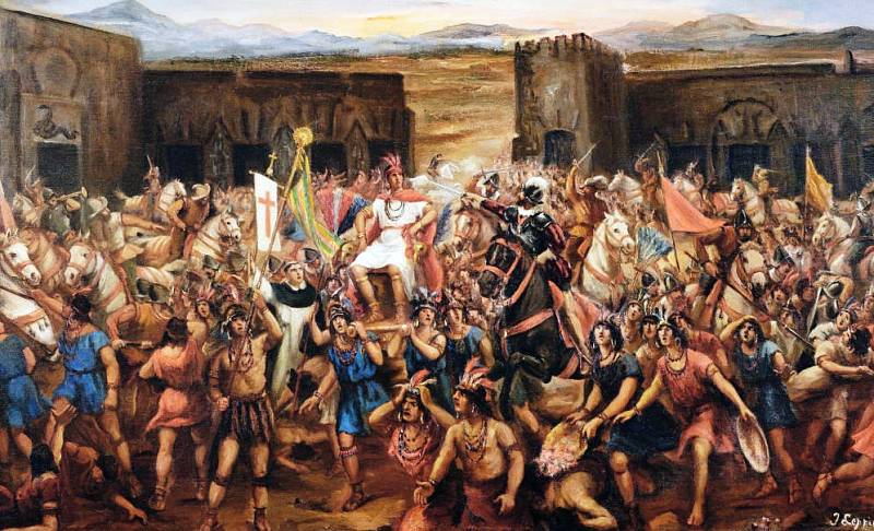 Střetnutí Atahualpy a Pizzara, předcházející Inkově zajetí, obraz malíře Juana Lepianiho
