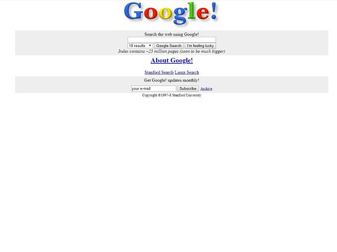 Podoba první verze Googlu z roku 1998.