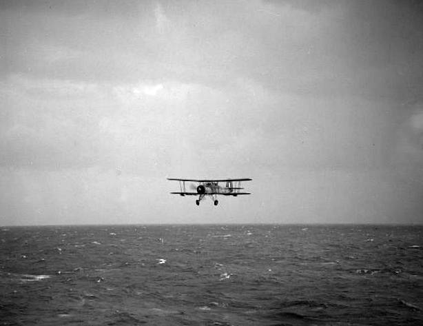 Jeden ze stíhačů startujících z Ark Royal se vrací v nízkém letu nad mořem zpátky na její palubu poté, co provedl torpédový útok na Bismarck