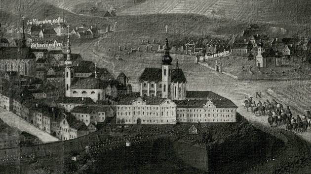 Brněnská veduta zobrazující obléhání tohoto města pruským vojskem v roce 1742. V popředí augustiniánský klášter