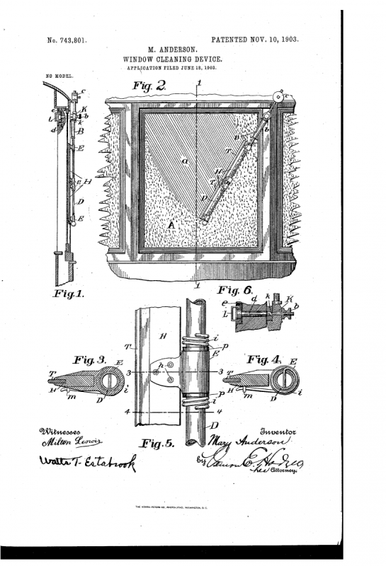 Nákres prvního stěrače z patentu američanky Mary Andersonové