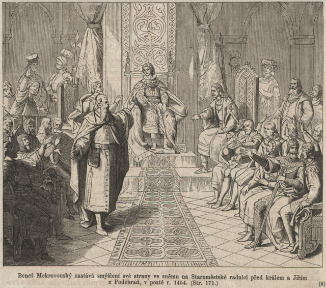 Beneš Mokrovouský z Hustířan před Jiřím z Poděbrad v roce 1454 (Česko-moravská kronika, 1872)