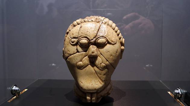 Světový unikát hlava Kelta z Mšeckých Žehrovic na výstavě ve Vlastivědném muzeu Olomouc v roce 2020.