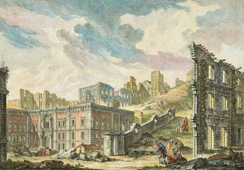 Trosky domů na náměstí patriarchální církve po zemětřesení v Lisabonu v roce 1755