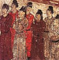 Eunuchové na nástěnné malbě v hrobce čínského prince Zhanghuai z dynastie Tang