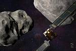  Ilustrace kosmické lodi DART přibližující se k asteroidům Dimorphos a Didymos