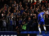 Fernando Torres oslavuje s fanoušky Chelsea gól do sítě Basileje.