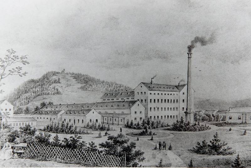 Továrna přibližně v roce 1873