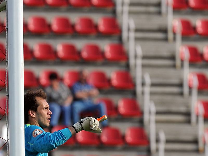 Jaroslav Belaň, brankář Bohemians Praha, gestikuluje  v zápase s Jabloncem.