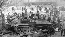 Chruščov na to zareagoval terorem a poslal do Maďarska tanky. Na snímku sovětský tank T-34/85, zničený při útoku proti maďarskému povstání v roce 1956